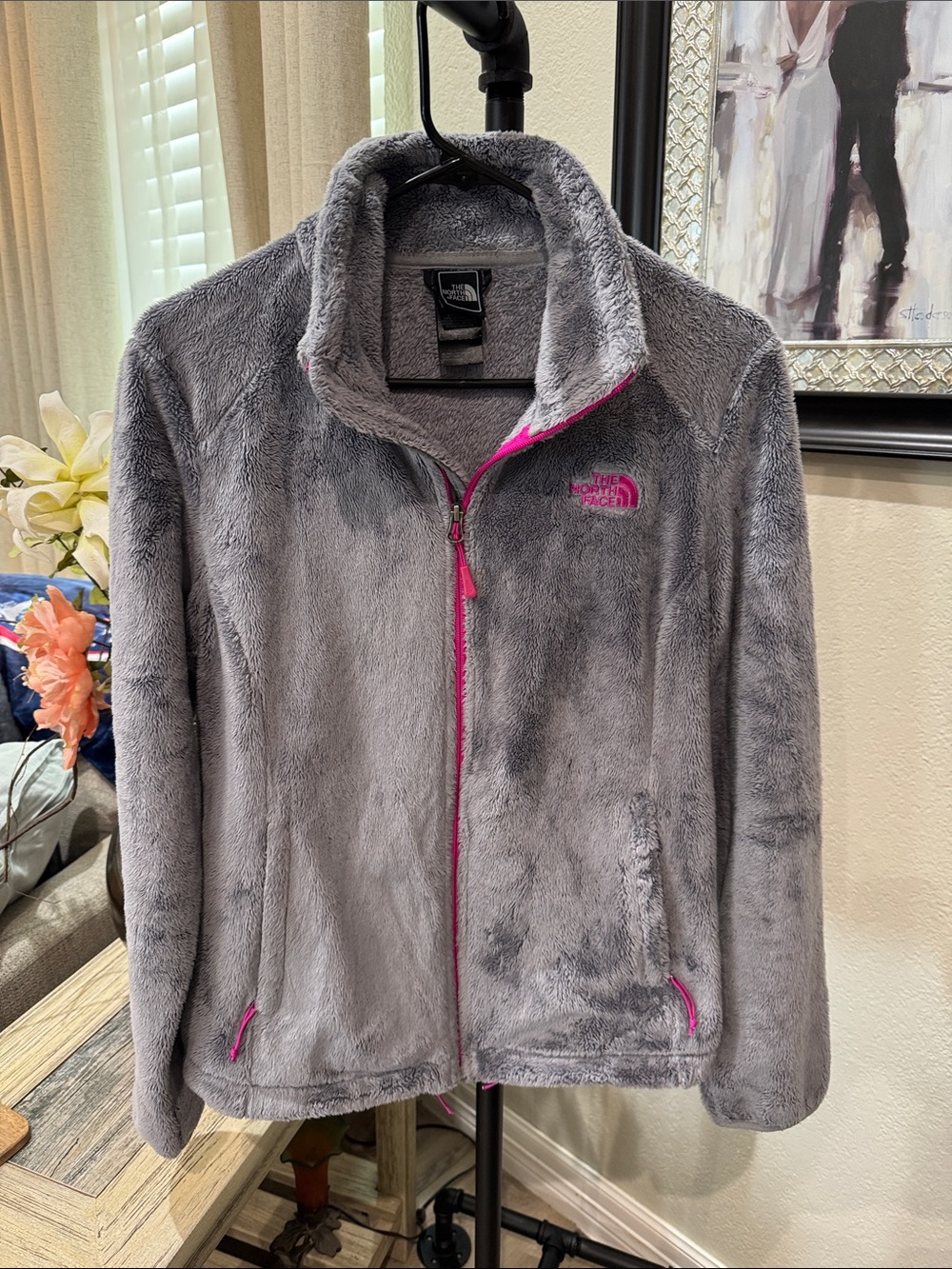 The North Face Gray Fuzzy Full-Zip Jacket with Pink Trim